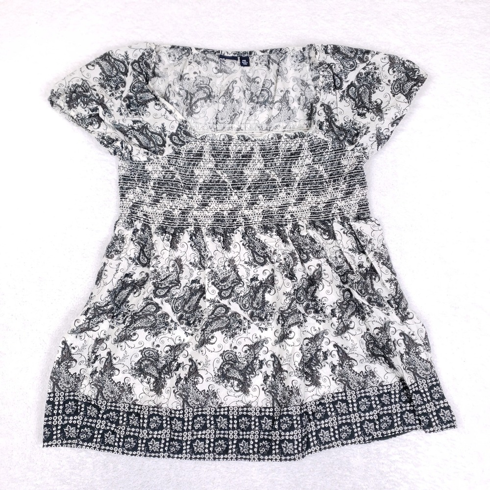 Sonoma‎ Peasant Top Womens PXL Black White Paisley Cotton Smocked Boho Blouse